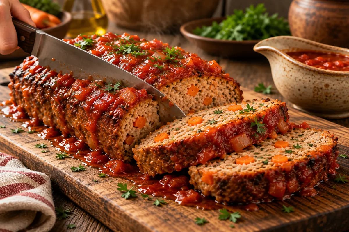 Hackbraten in Scheiben geschnitten mit Tomatensauce und einer Sauciere daneben