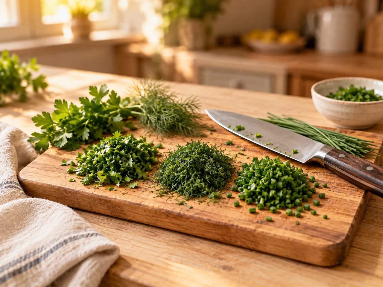 Holzbrett mit Häufchen aus gehackter Petersilie, Dill und Schnittlauch und einem Kochmesser daneben.