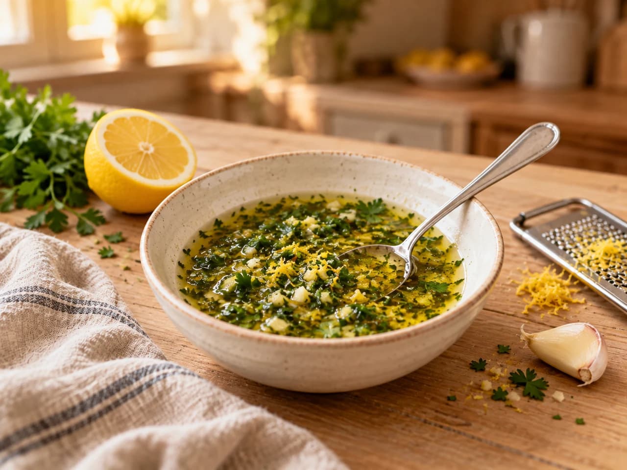 Keramikschüssel mit grüner Zitronen-Kräuter-Sauce, daneben eine Reibe mit Zitronenabrieb und eine halbe Zitrone.