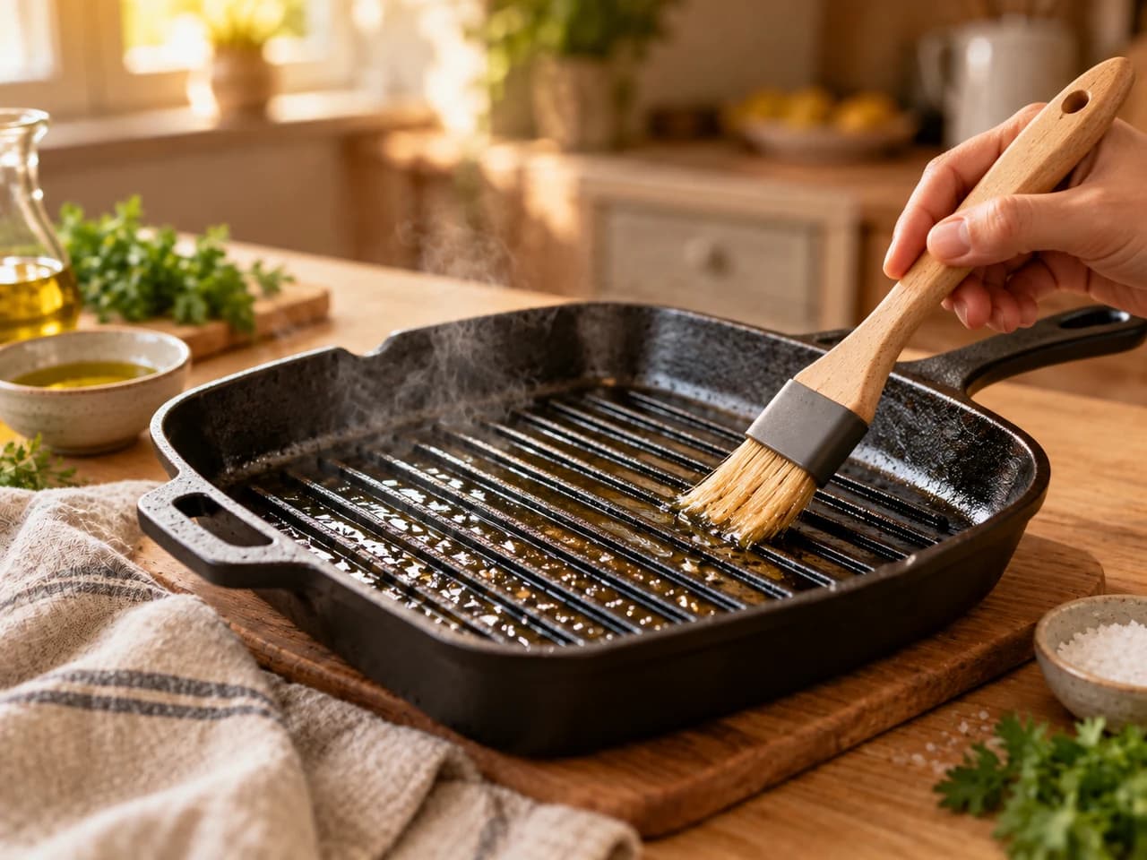 Rauchende gusseiserne Grillpfanne, eine Hand pinselt Öl auf die Rillen.