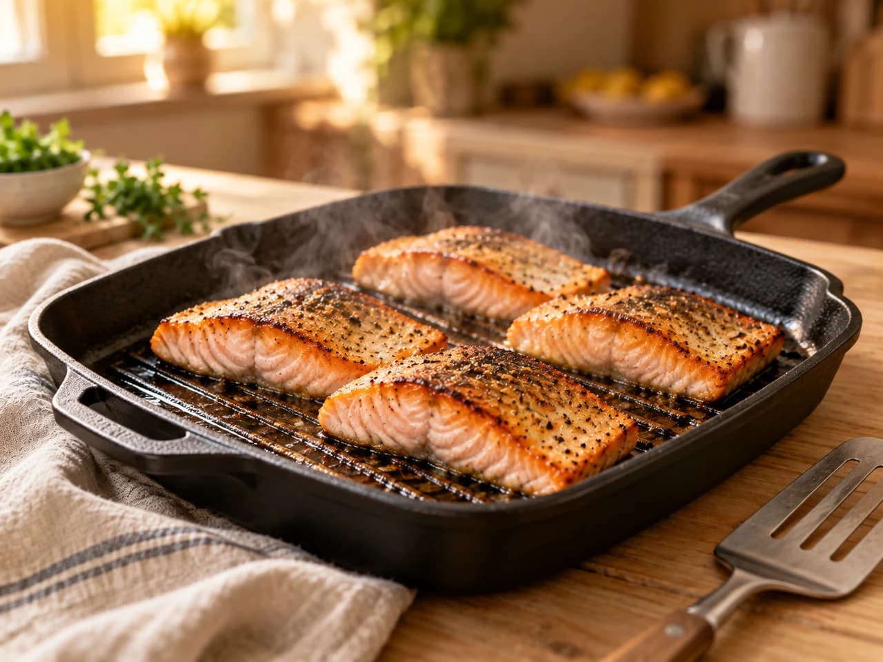 Gusseiserne Grillpfanne mit vier gewürzten Lachsfilets beim Grillen, daneben ein Pfannenwender.