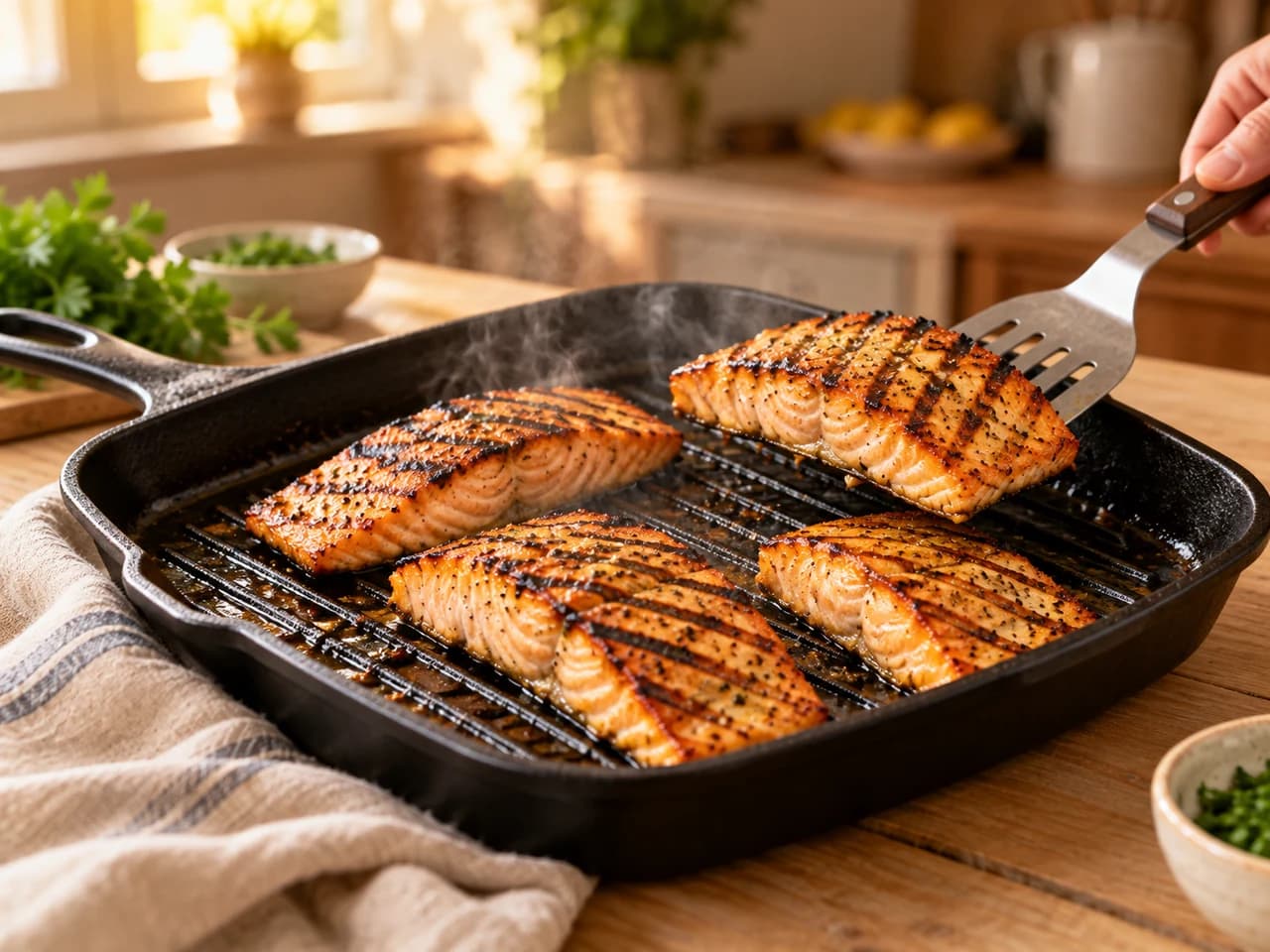 Pfannenwender dreht Lachsfilets mit goldenen Grillstreifen in einer gusseisernen Grillpfanne um.