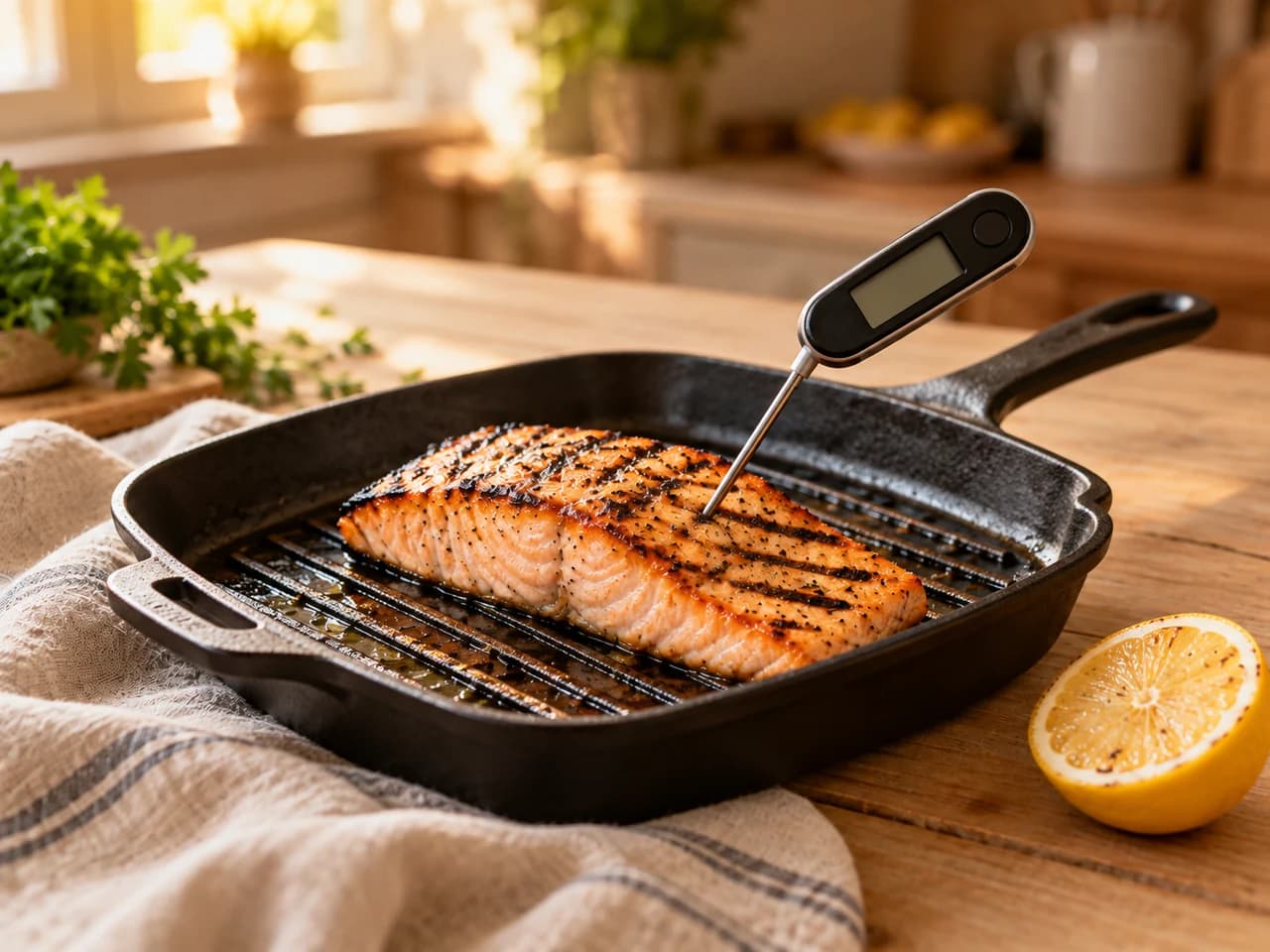 Digitales Thermometer in einem Lachsfilet mit Grillstreifen in der Grillpfanne, daneben eine halbe Zitrone.