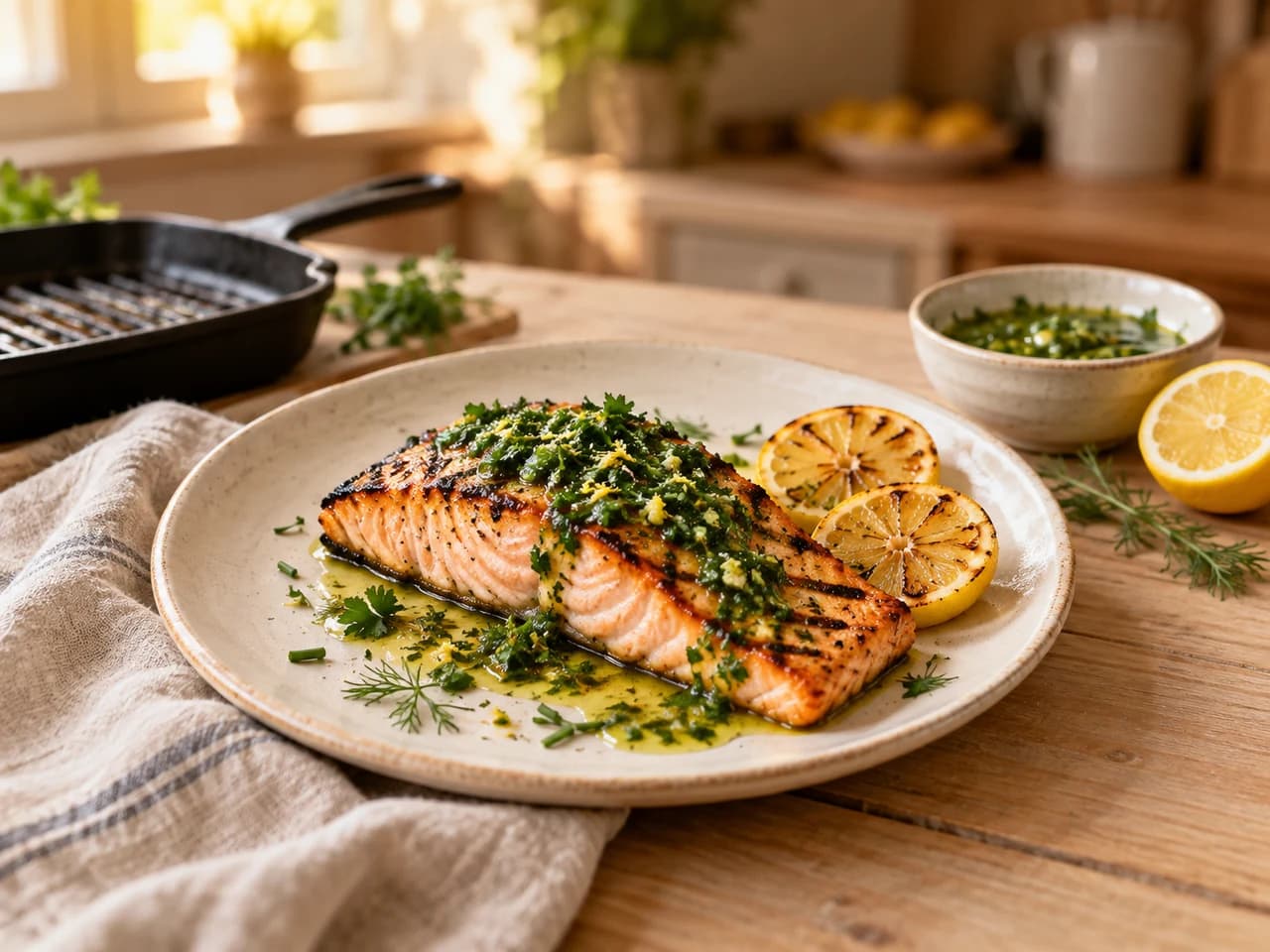 Teller mit gegrilltem Lachsfilet unter Kräutersauce, gegrillten Zitronenscheiben und Dill.