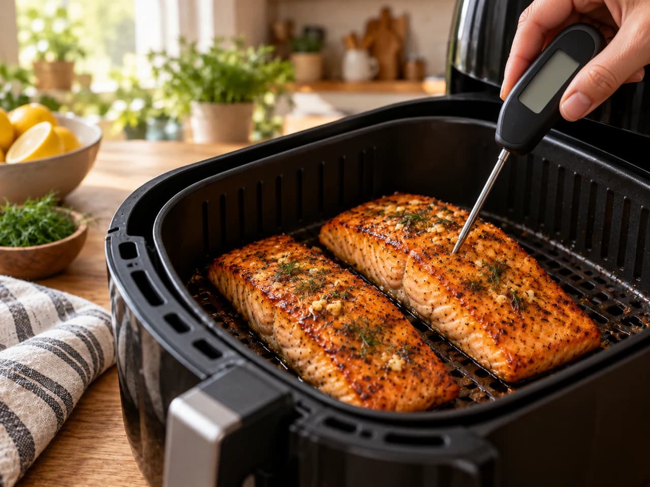 Cesta de la air fryer abierta con dos lomos de salmón dorados y glaseados y un termómetro digital clavado en el centro de uno.