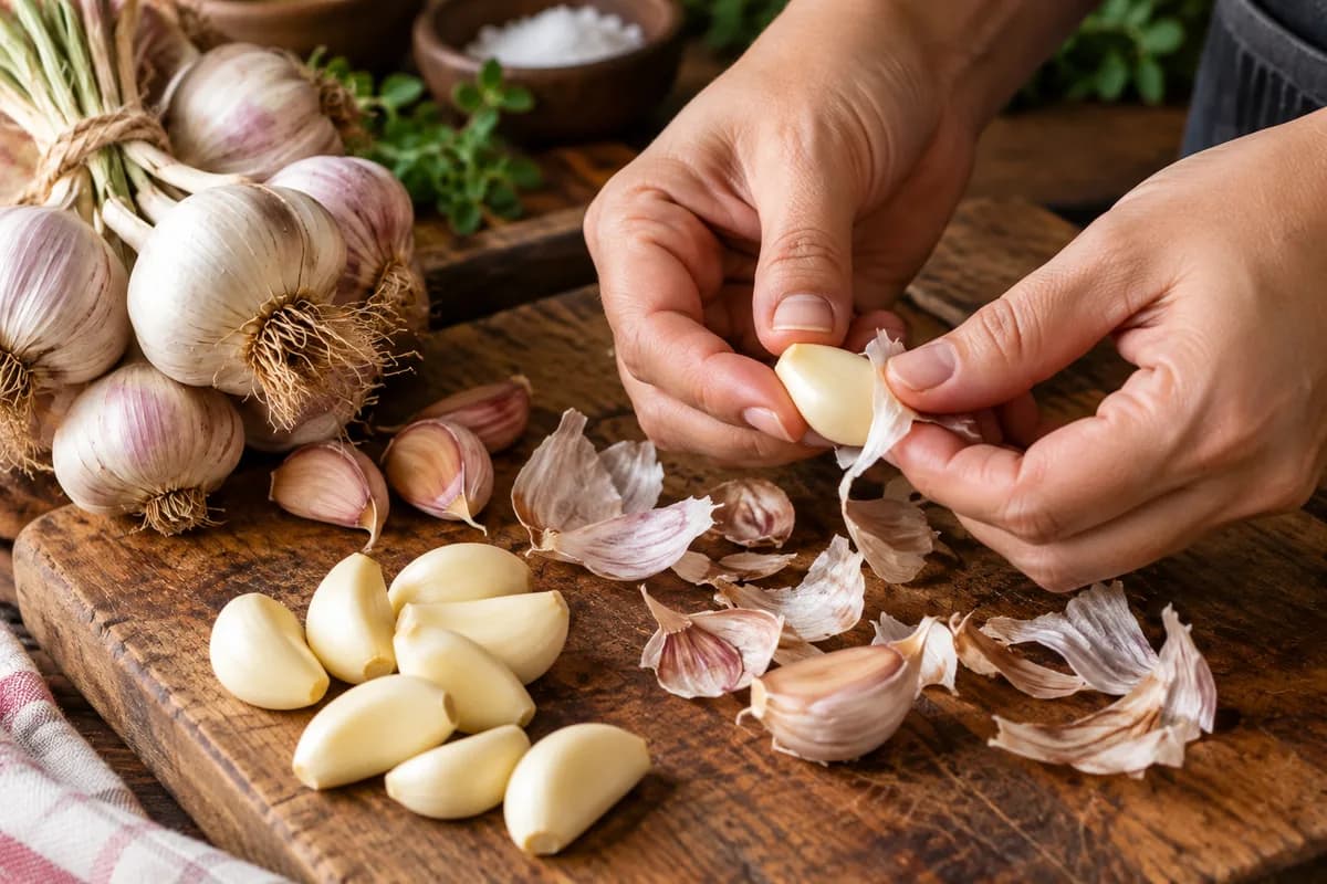 Mani che pelano spicchi d'aglio su un tagliere di legno