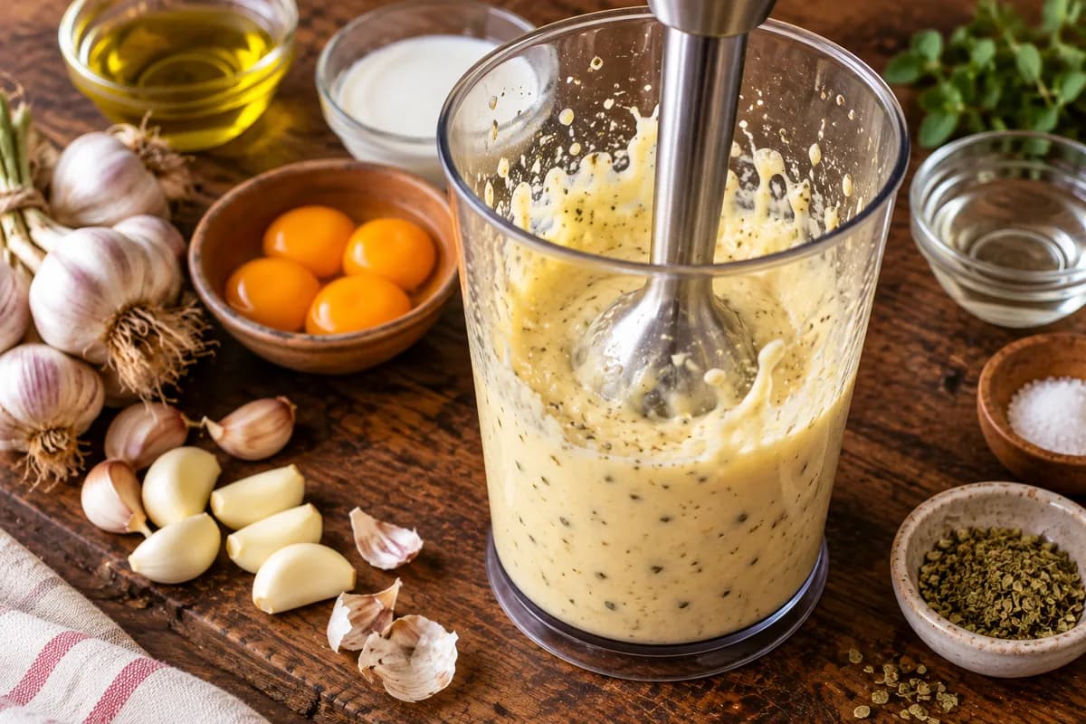 Aglio, tuorli, latte, aceto e origano frullati con il frullatore a immersione