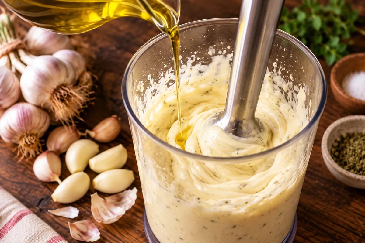 Olio versato a filo sottile nella salsa mentre si emulsiona con il frullatore