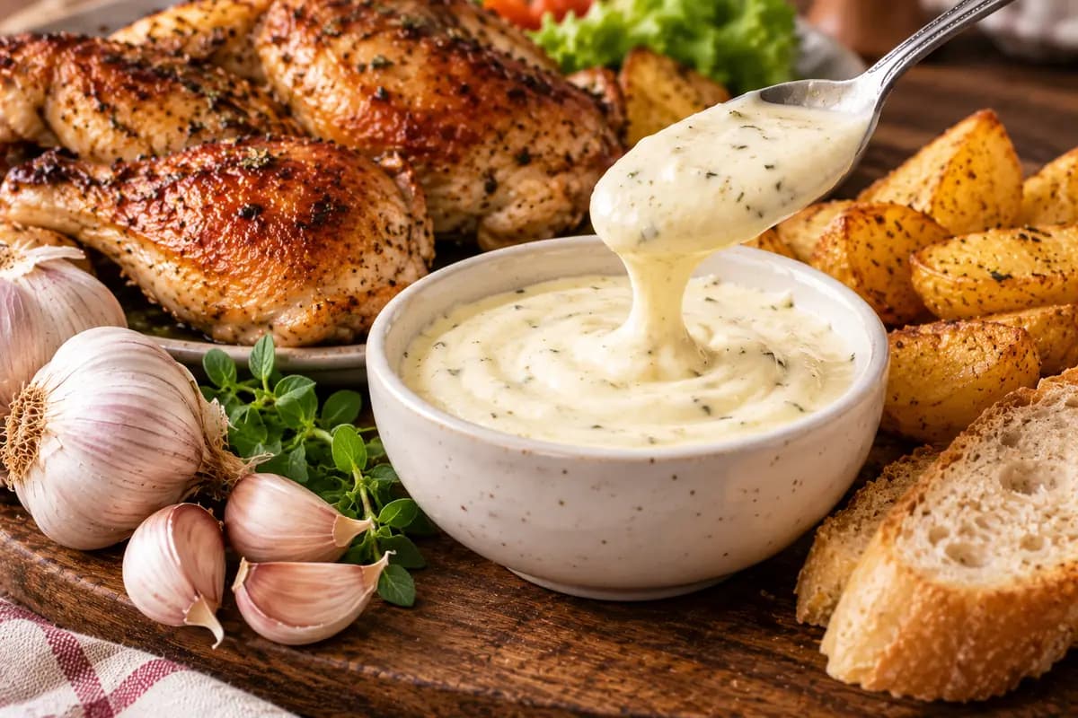 Cucchiaio che serve la salsa all'aglio in una ciotola accanto a pollo arrosto e patate