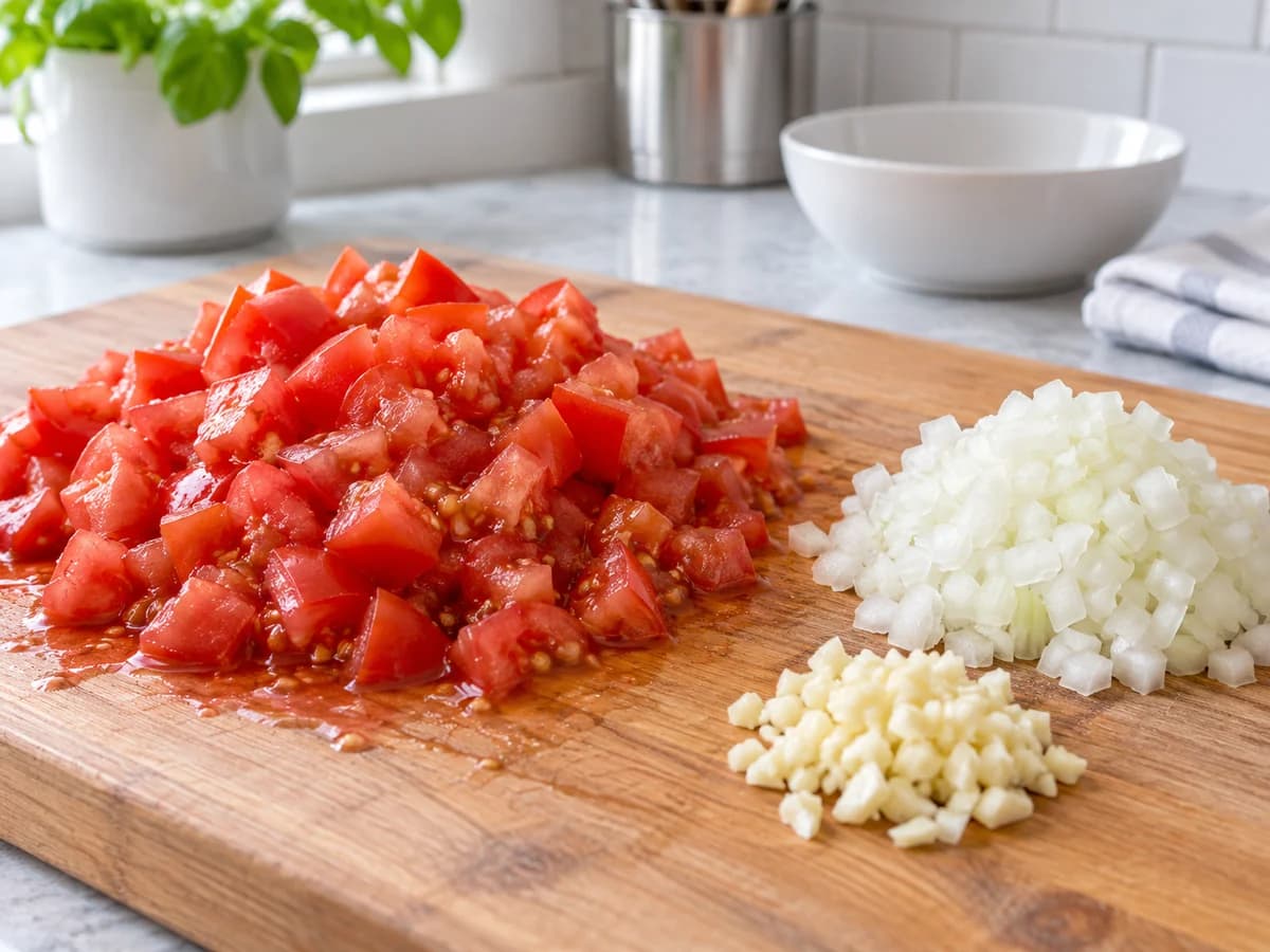 Tomates frescos cortados, cebola e alho em porções separadas