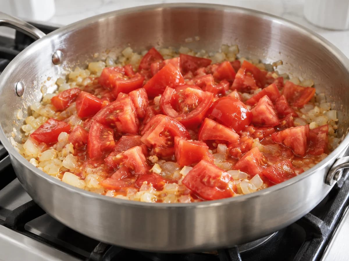 Pedaços de tomate fresco recém-adicionados à cebola e ao alho