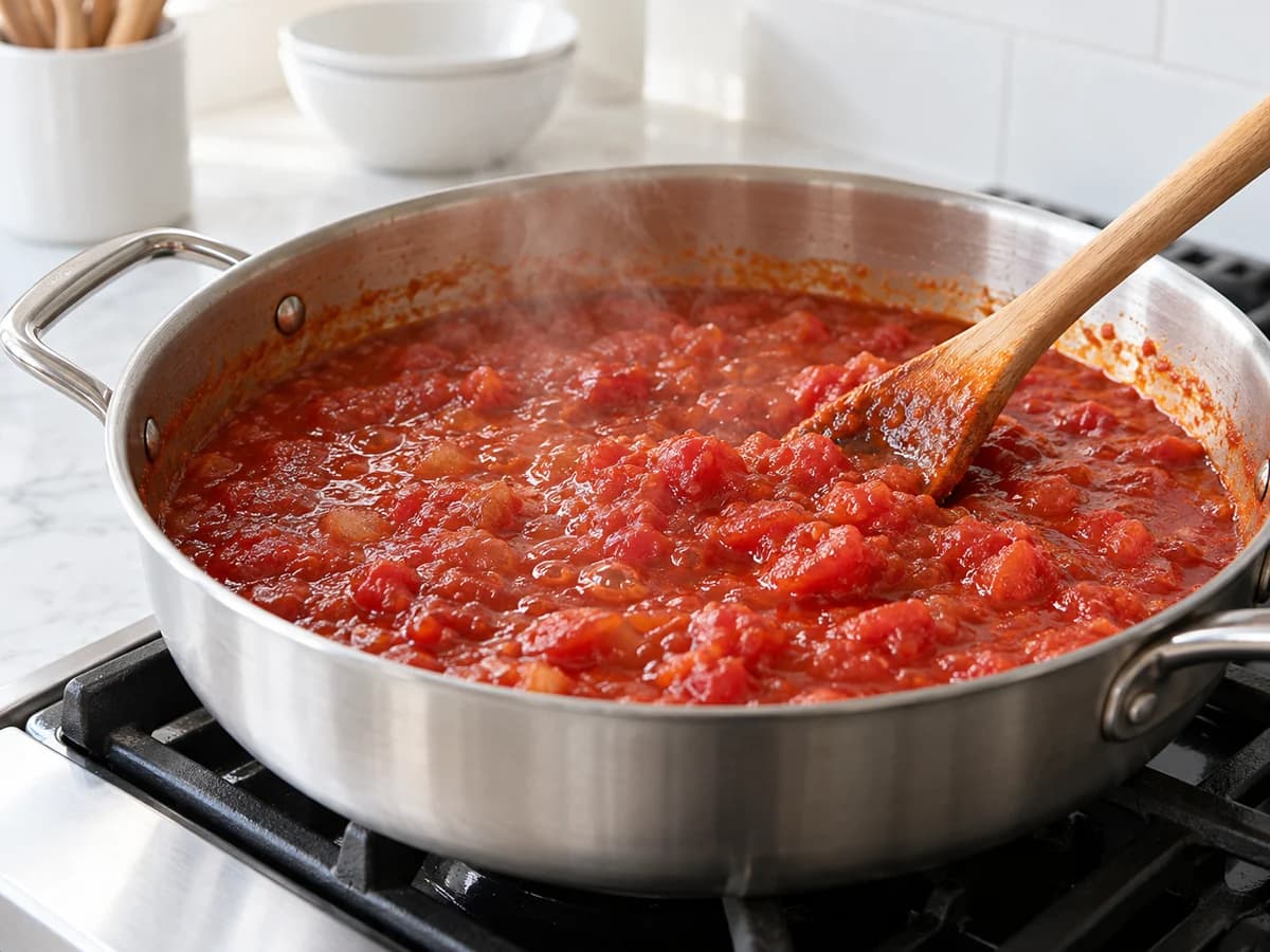 Molho de tomate espesso cozinhando suavemente sem tampa