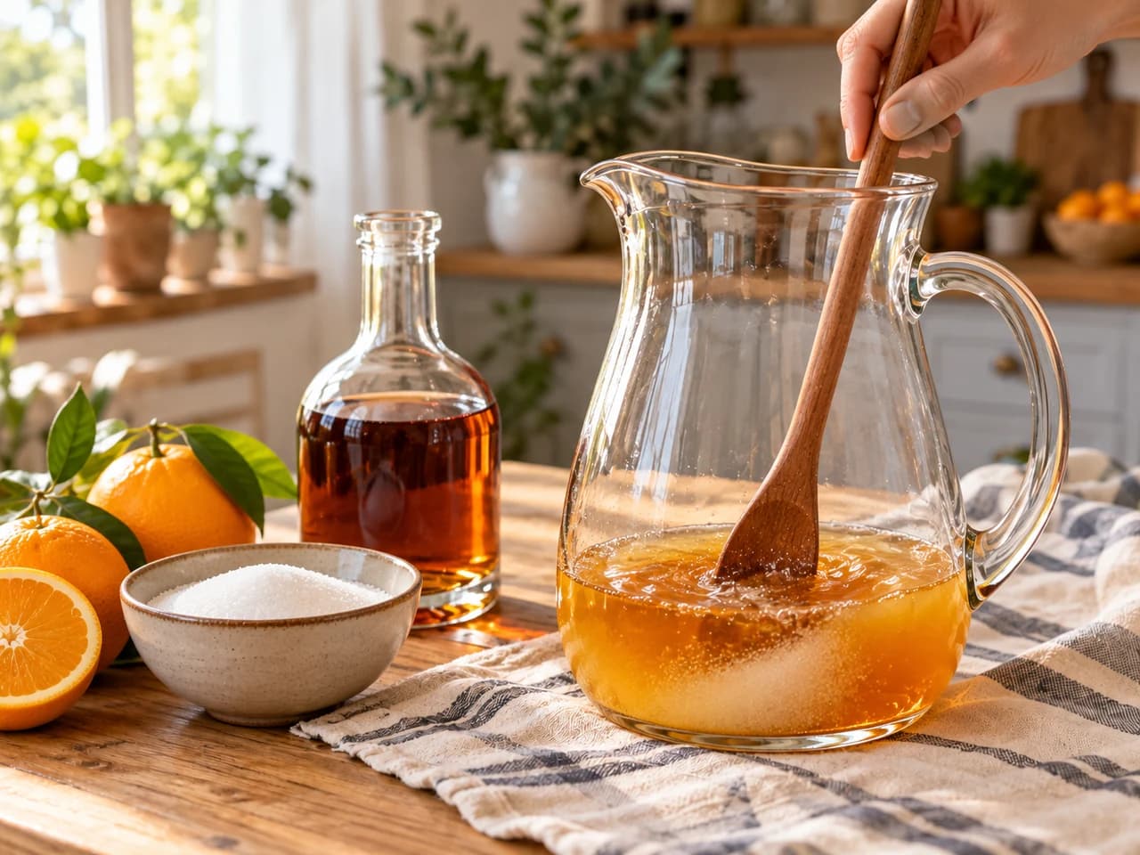 Caraffa di vetro con succo d'arancia, brandy e zucchero mescolati con un cucchiaio di legno, accanto a una bottiglia e una ciotola di zucchero.