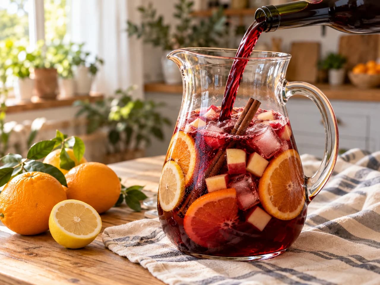 Vino rosso versato da una bottiglia sulla frutta in una caraffa di vetro.