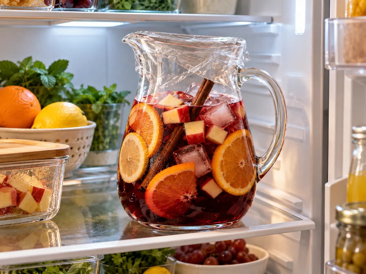 Caraffa di sangria con frutta coperta di pellicola, dentro un frigorifero aperto.