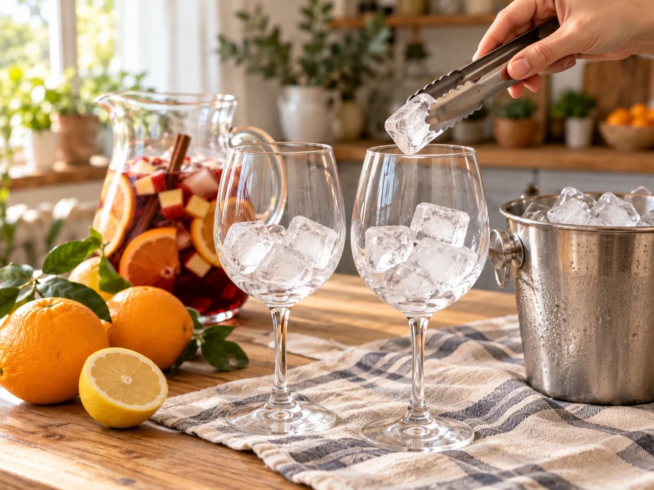 Due calici con cubetti di ghiaccio e una mano che ne aggiunge altri con una pinza, con la caraffa di sangria dietro.
