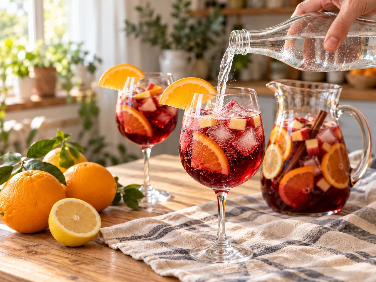 Bicchiere di sangria con ghiaccio e frutta mentre si versa acqua frizzante.