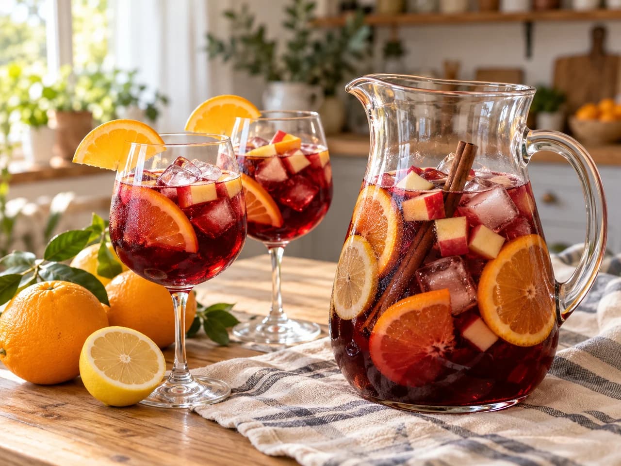 Caraffa di sangria con arancia, limone, mela e cannella accanto a due calici serviti con ghiaccio e arancia.