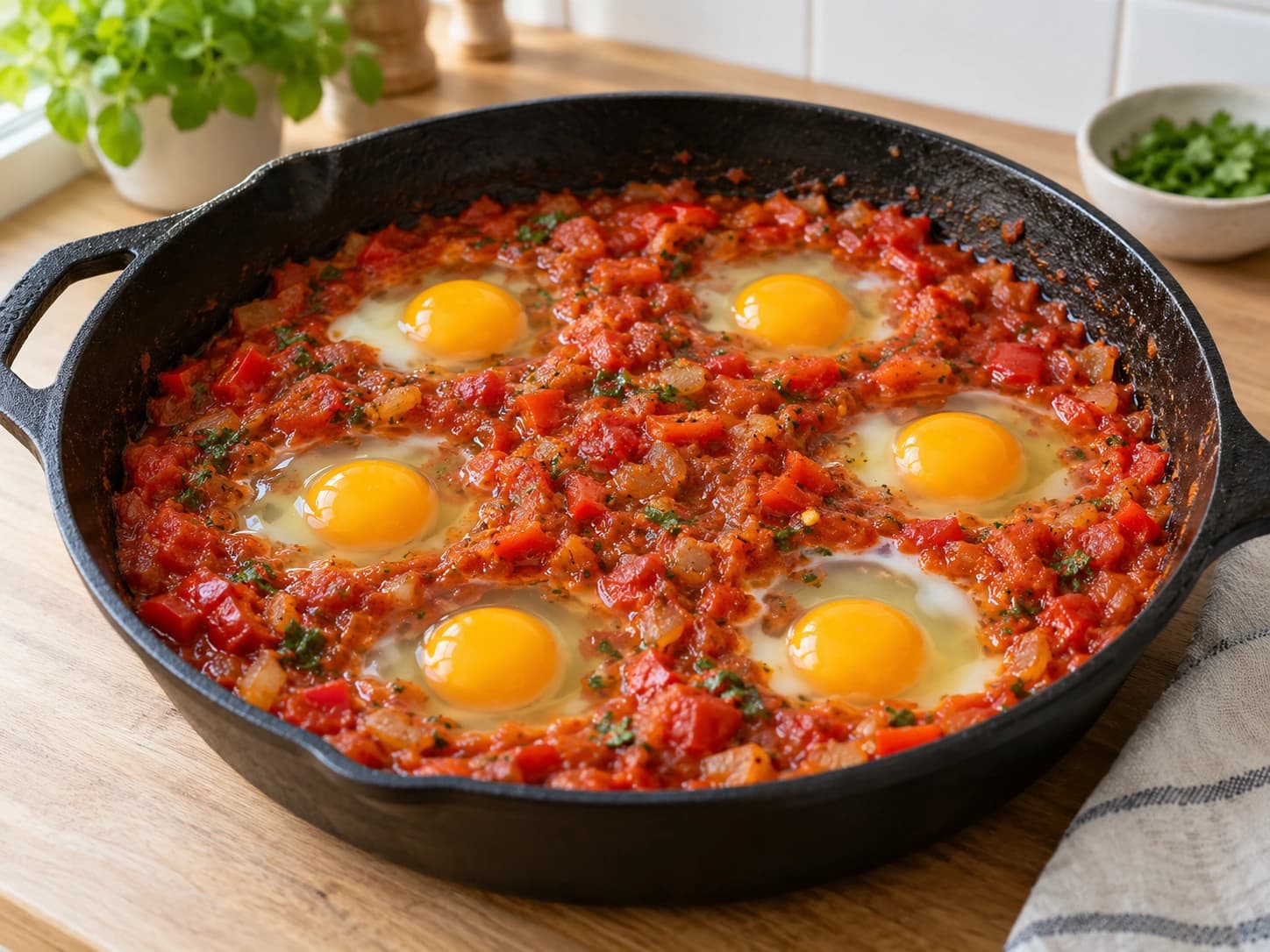 Shakshuka à la feta: Casser les œufs