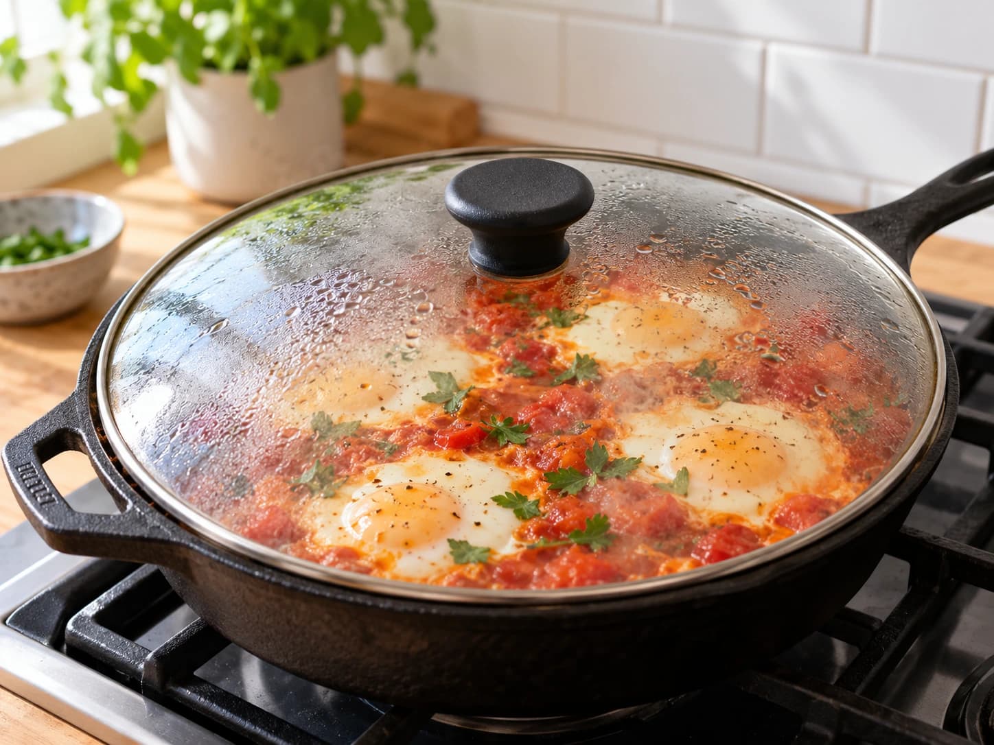 Shakshuka à la feta: Couvrir et laisser prendre