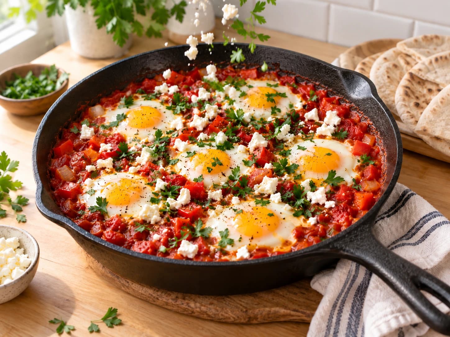 Shakshuka à la feta: Ajouter persil et feta