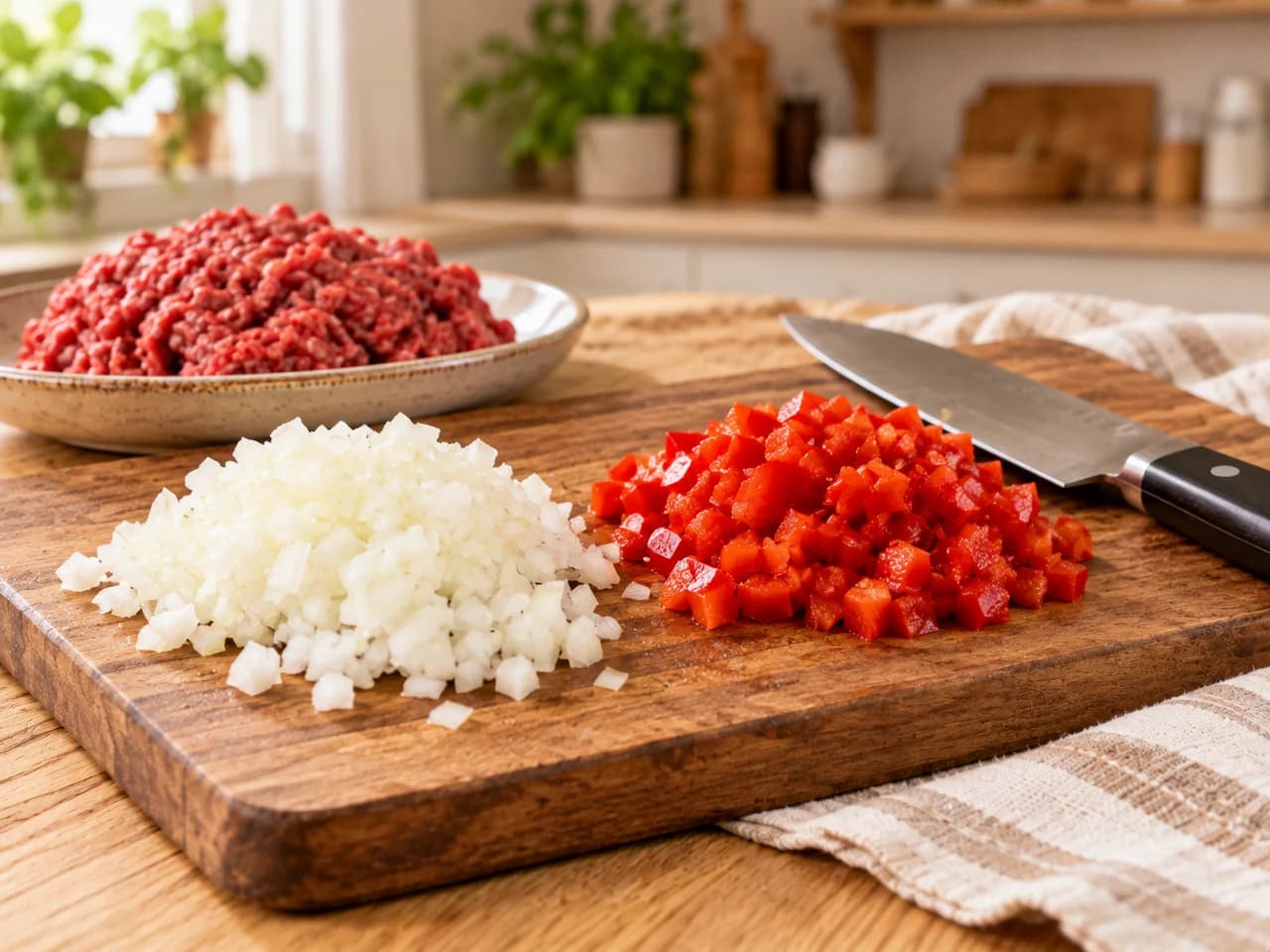 Tabla de madera con cebolla picada y pimiento rojo en dados en montoncitos separados, un cuchillo de chef y un plato con carne molida cruda.