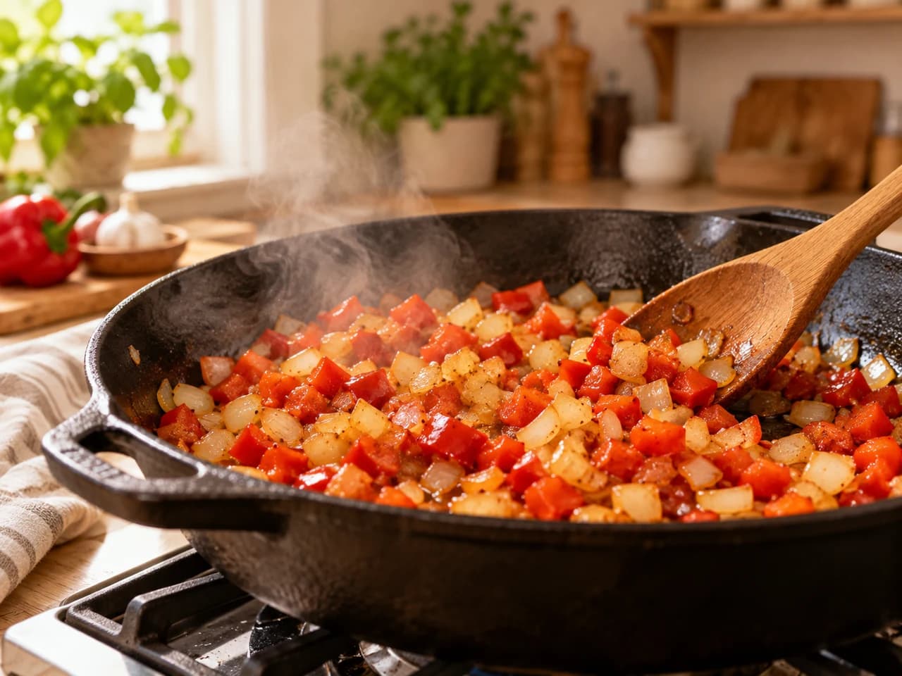 Sartén de hierro sobre el fuego con cebolla y pimiento rojo en dados sofritos hasta quedar suaves, mientras una cuchara de madera los remueve.