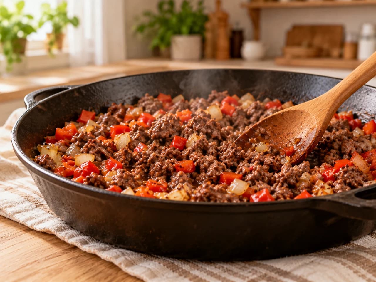 La misma sartén con la carne molida dorándose junto a la cebolla y el pimiento, desmenuzada con una cuchara de madera.