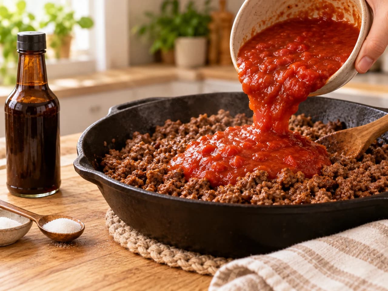 Sartén con carne dorada mientras se vierte salsa de tomate desde un cuenco, junto a una botella de salsa Worcestershire y una cucharita de azúcar.
