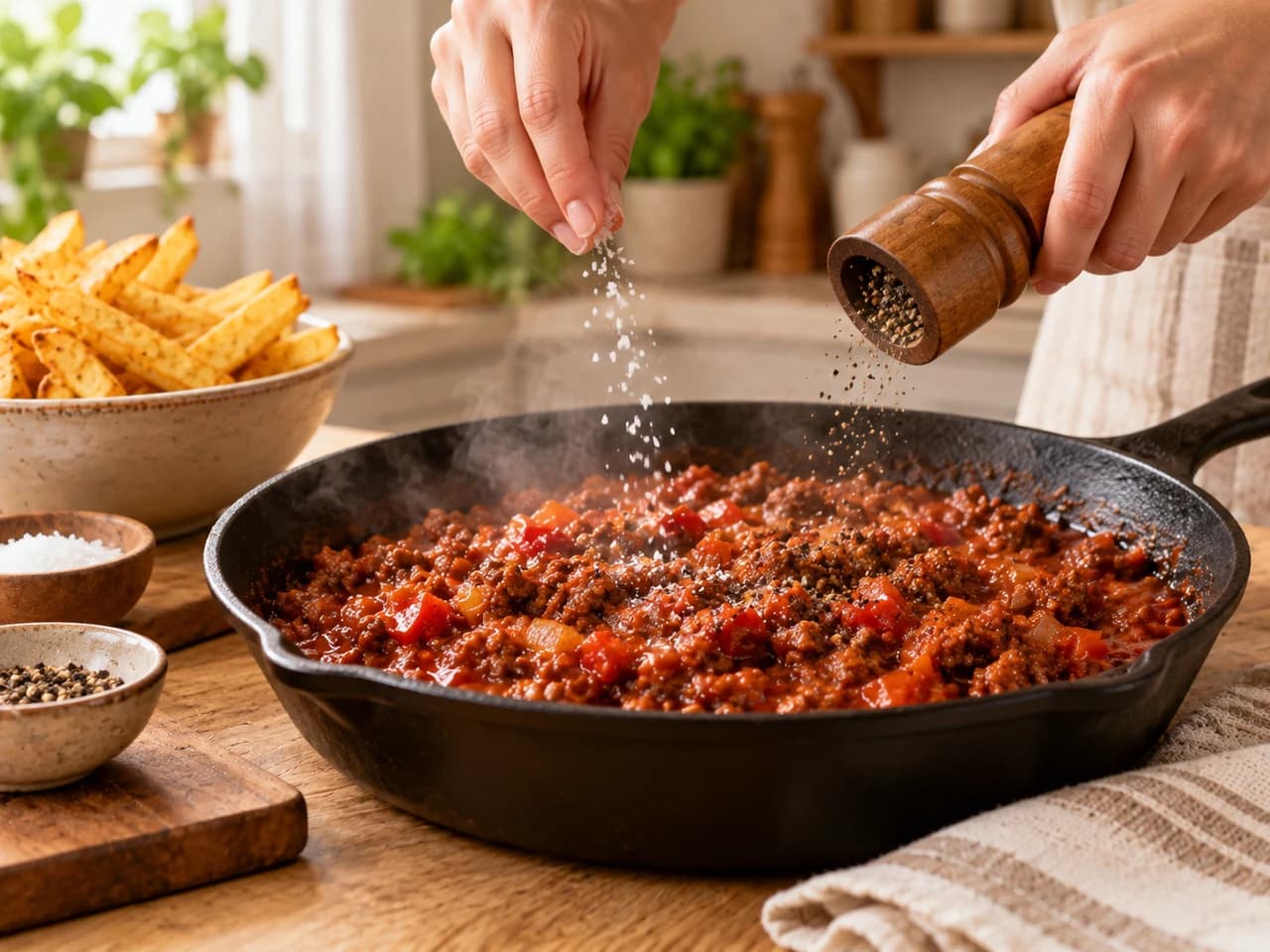Manos moliendo pimienta con un molinillo sobre la sartén con la mezcla de carne y salsa roja, junto a un cuenco con sal y papas fritas al fondo.