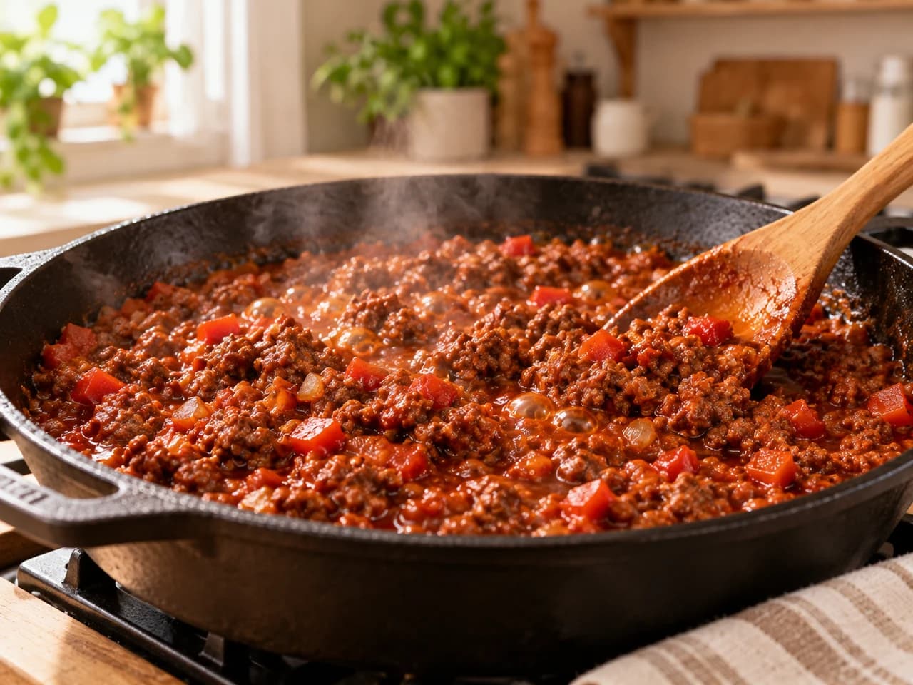 Sartén con la mezcla de carne en salsa de tomate espesándose a fuego lento con pequeñas burbujas, removida con una cuchara de madera.