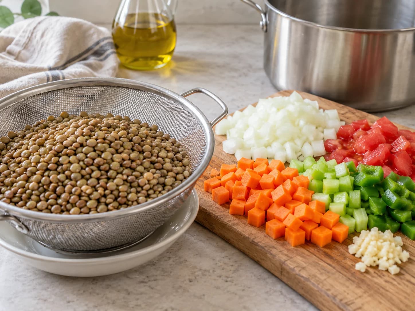 Rinse the lentils and prepare the vegetables