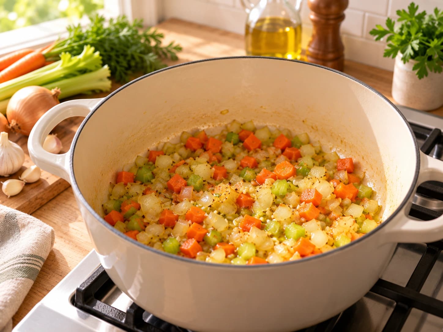 Gemüsesuppe mit Kartoffeln und grünen Bohnen: Soffritto ansetzen