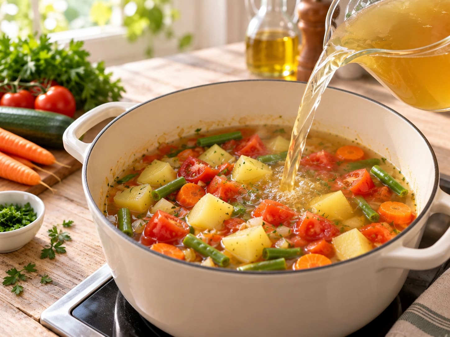 Gemüsesuppe mit Kartoffeln und grünen Bohnen: Tomaten, Kartoffeln und Brühe zugeben
