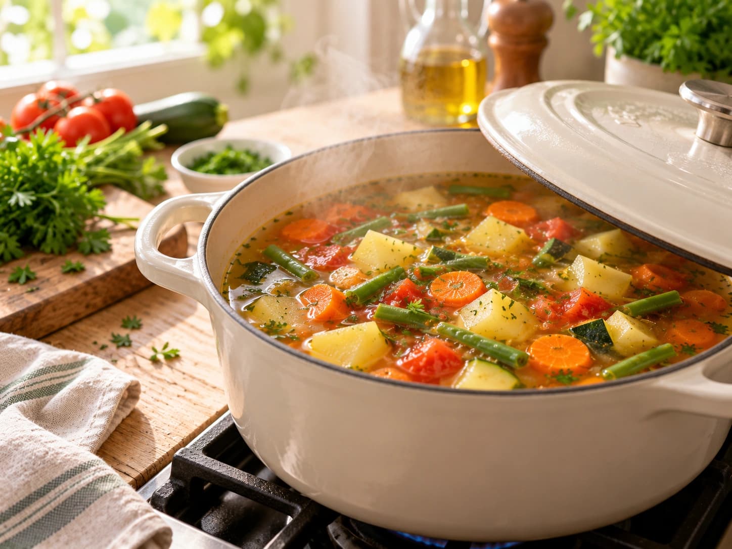 Gemüsesuppe mit Kartoffeln und grünen Bohnen: Zugedeckt garen