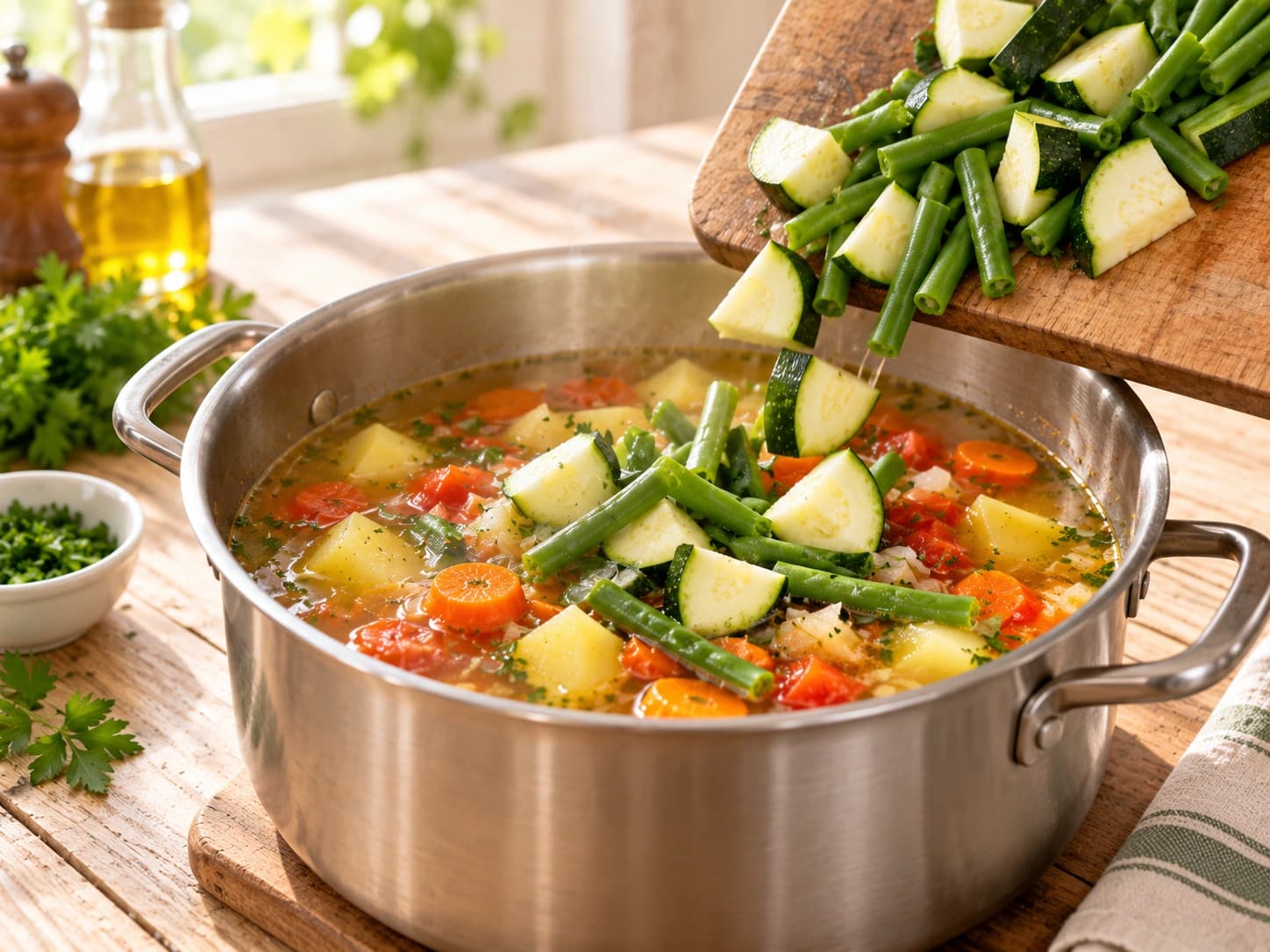 Gemüsesuppe mit Kartoffeln und grünen Bohnen: Zucchini und Bohnen zugeben