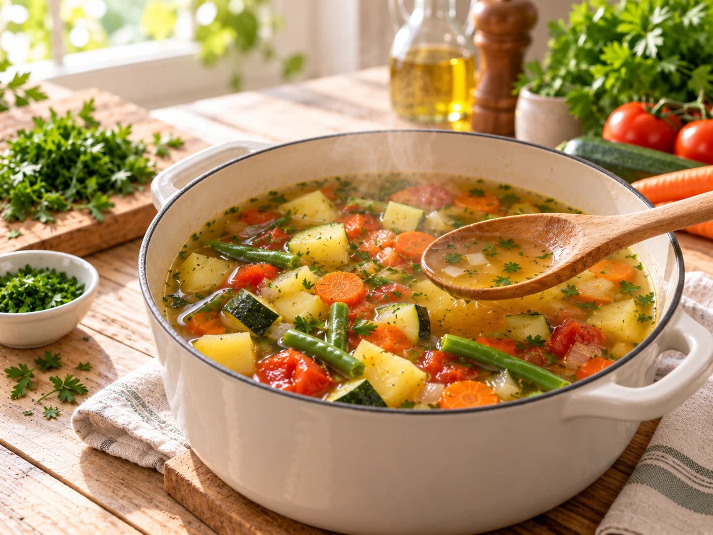Gemüsesuppe mit Kartoffeln und grünen Bohnen: Umrühren und prüfen