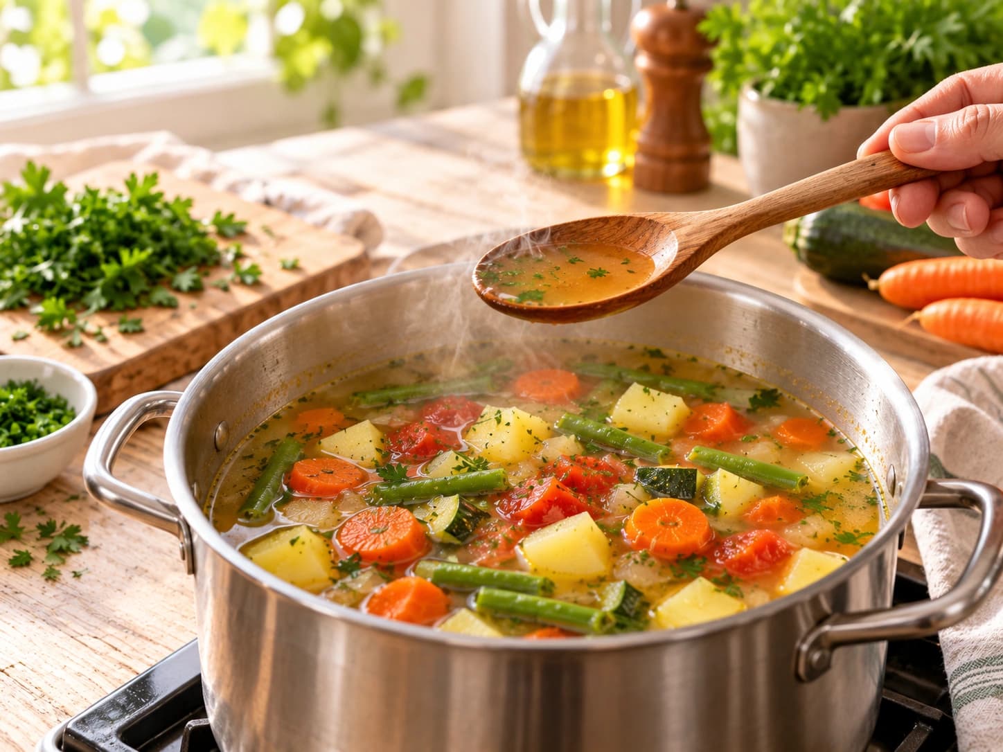 Gemüsesuppe mit Kartoffeln und grünen Bohnen: Abschmecken und servieren