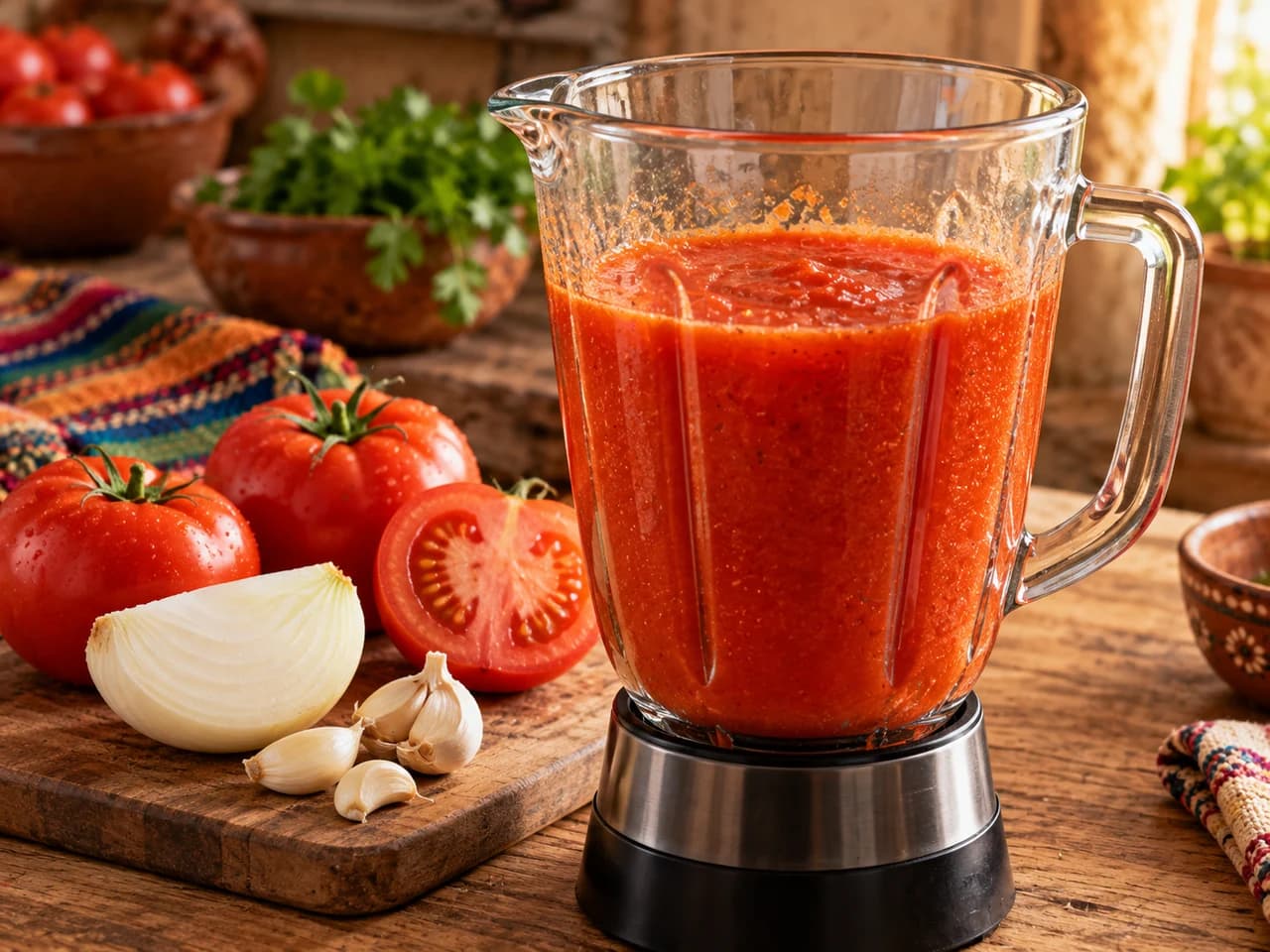 Liquidificador com purê de tomate vermelho intenso, ao lado de tomates inteiros, meia cebola e dentes de alho sobre uma tábua.