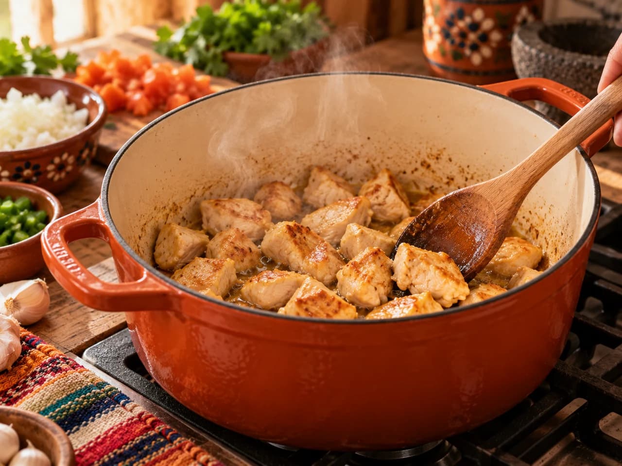 Panela esmaltada cor terracota com pedaços de peito de frango dourando no óleo, mexidos com uma colher de pau.