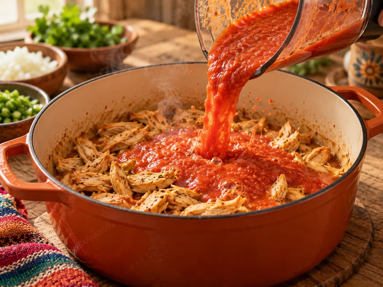 Purê de tomate caindo do copo do liquidificador na panela com o frango dourado.