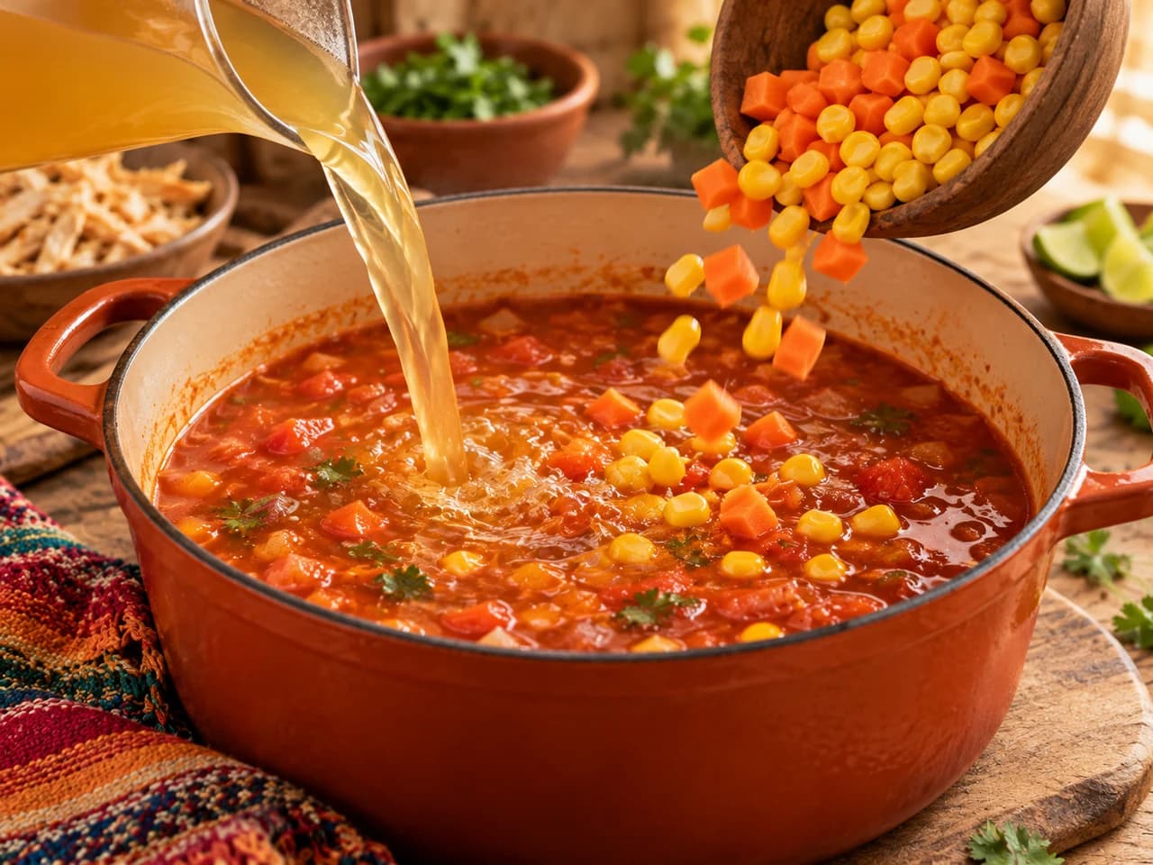 Caldo de frango despejado de uma jarra na panela com a base de tomate enquanto caem cubos de cenoura e grãos de milho.