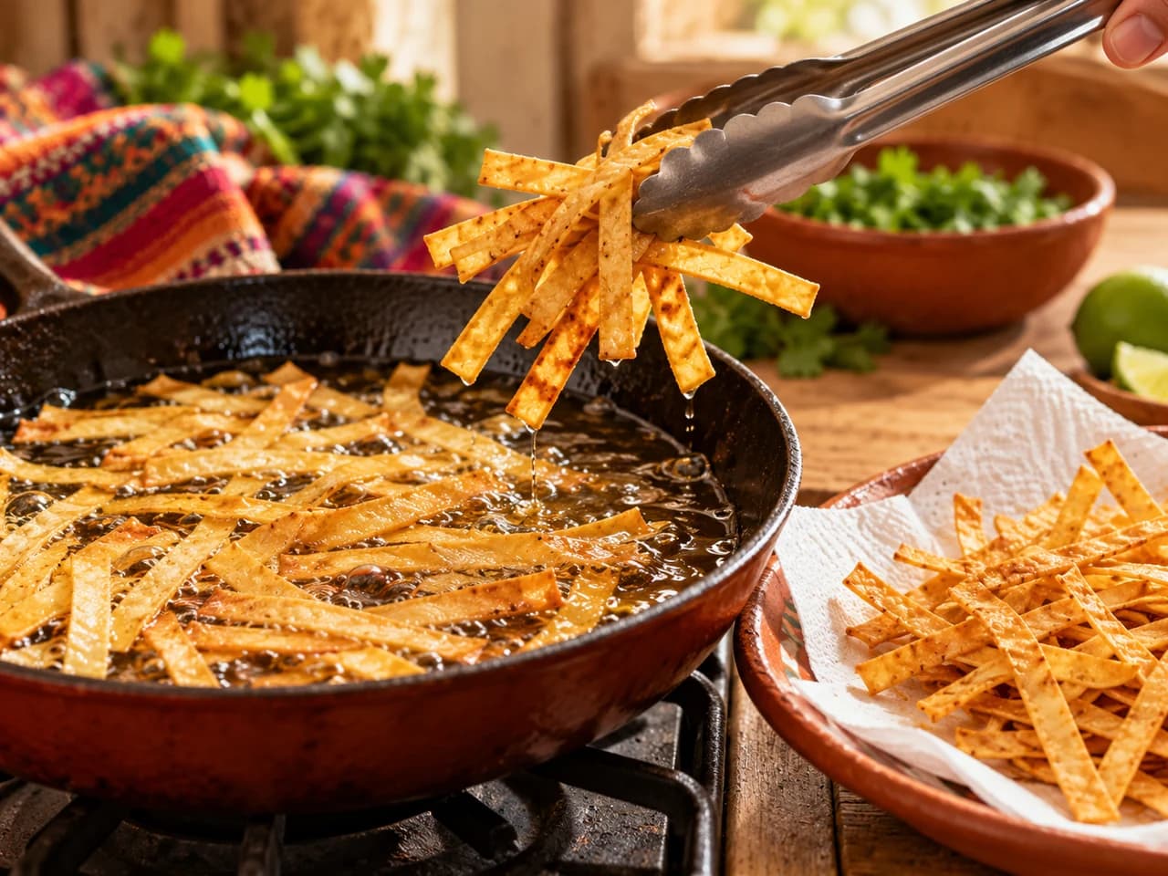Frigideira pequena com tiras de tortilla de milho dourando no óleo, retiradas com uma pinça para um prato com papel-toalha.