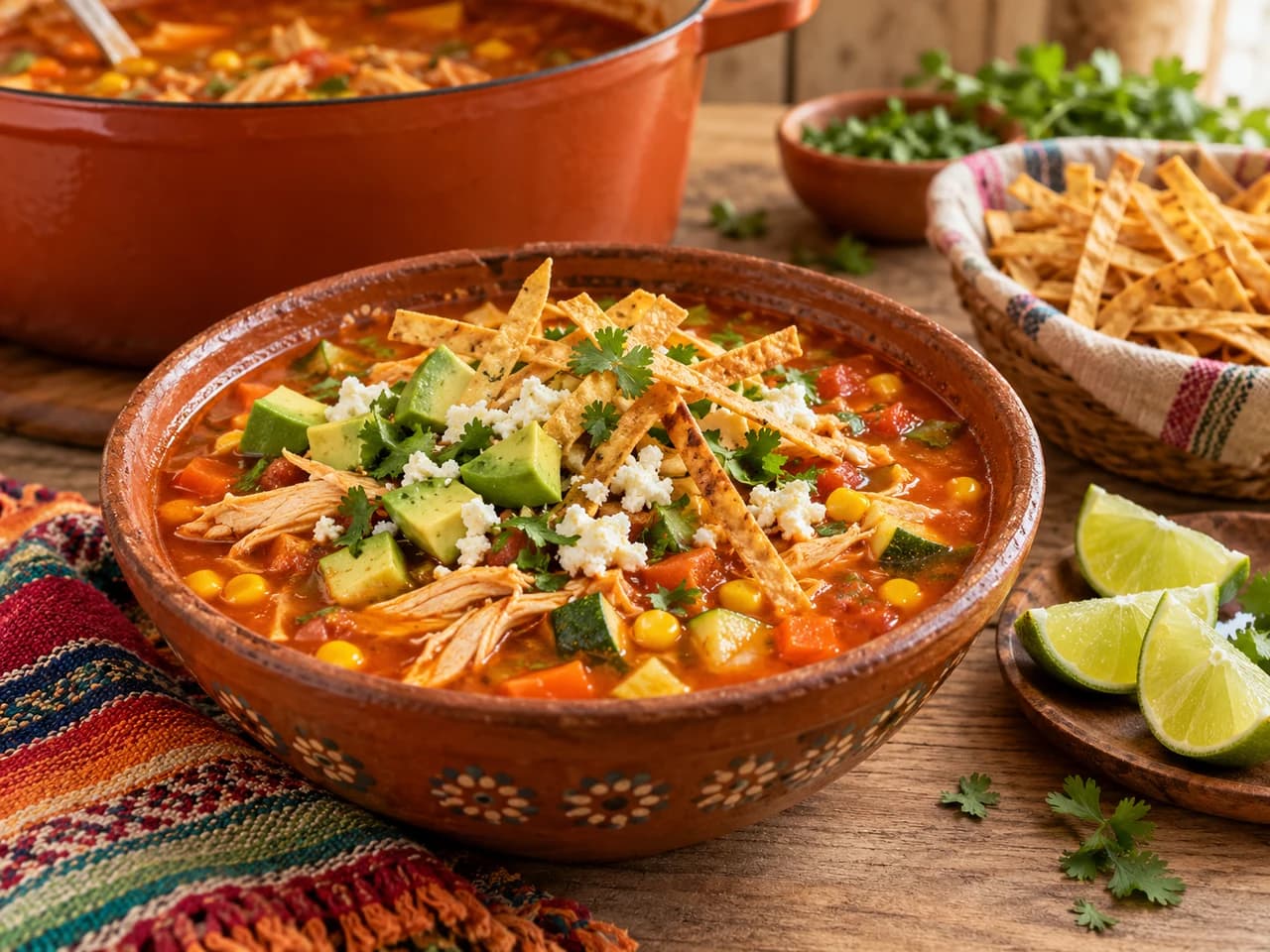 Tigela de barro com sopa mexicana de frango, milho e legumes, coberta com tiras de tortilla, abacate, queijo fresco e coentro, com gomos de limão.