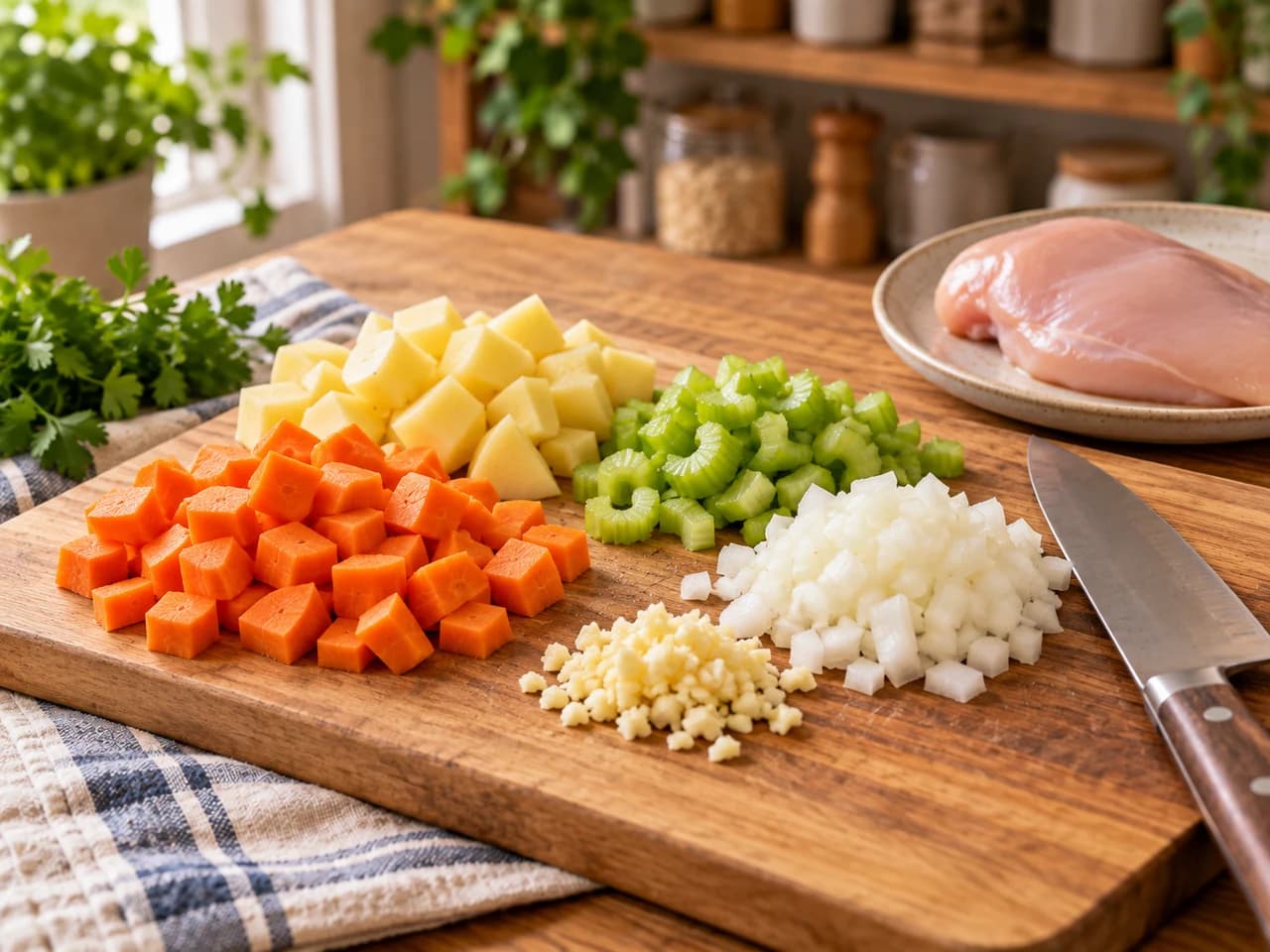Tabla de madera con zanahoria y papa en dados, apio, cebolla y ajo picados en montoncitos, un cuchillo de chef y una pechuga de pollo cruda en un plato.