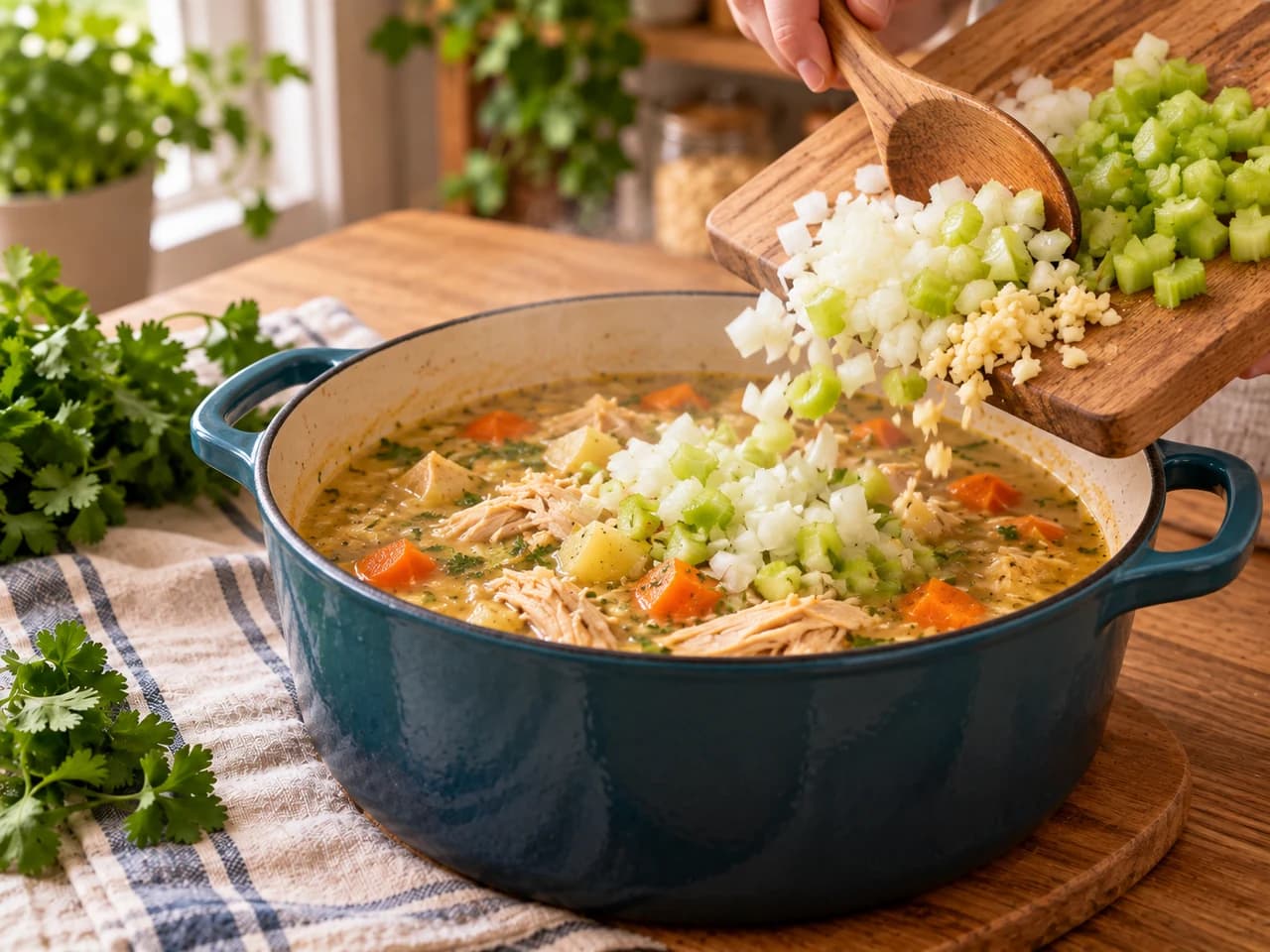 Olla con caldo humeante mientras se añaden cebolla, ajo y apio picados desde una tabla de madera.