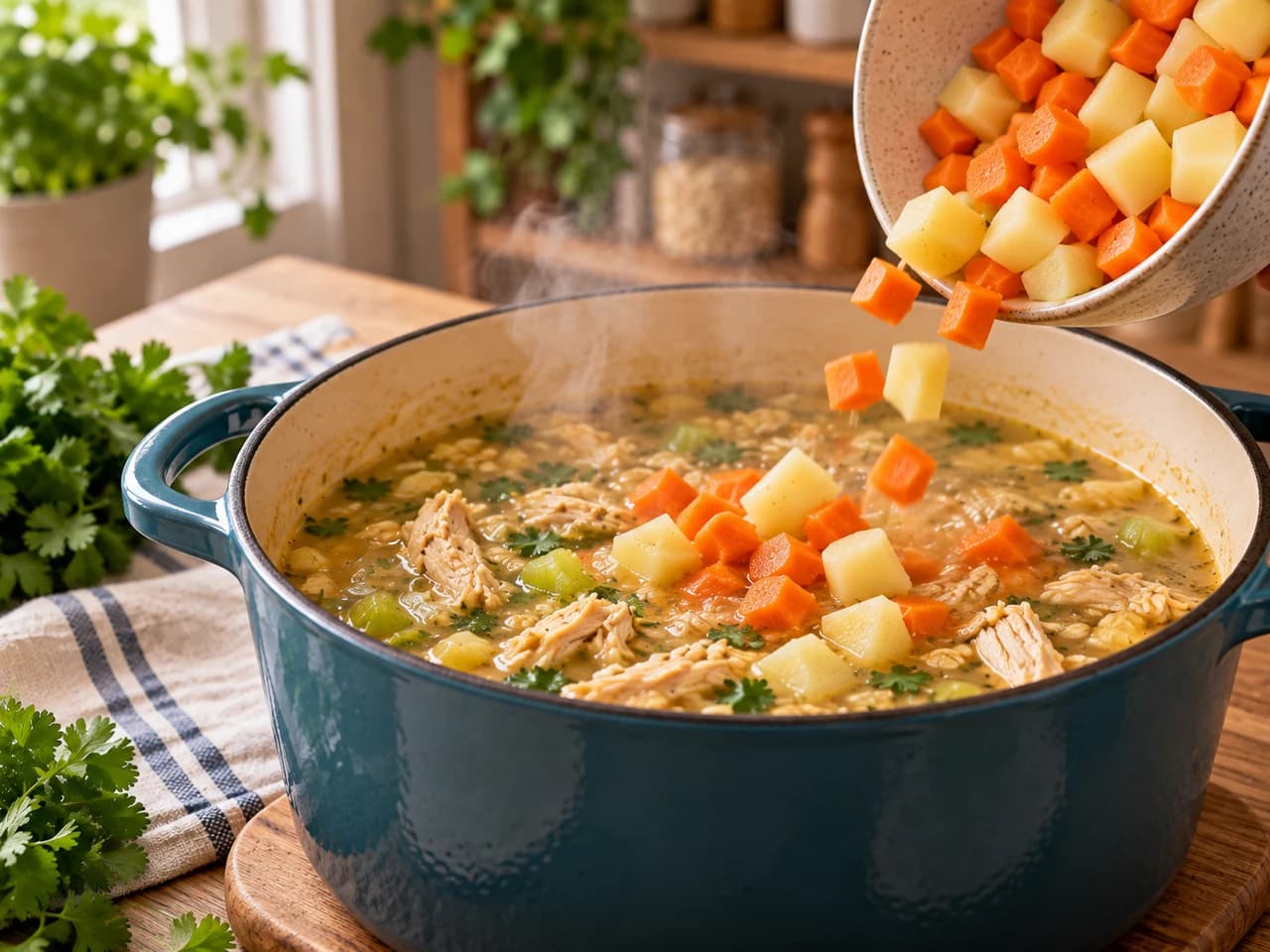 Olla con caldo y verduras mientras se vierten dados de zanahoria y papa desde un cuenco, con vapor suave.
