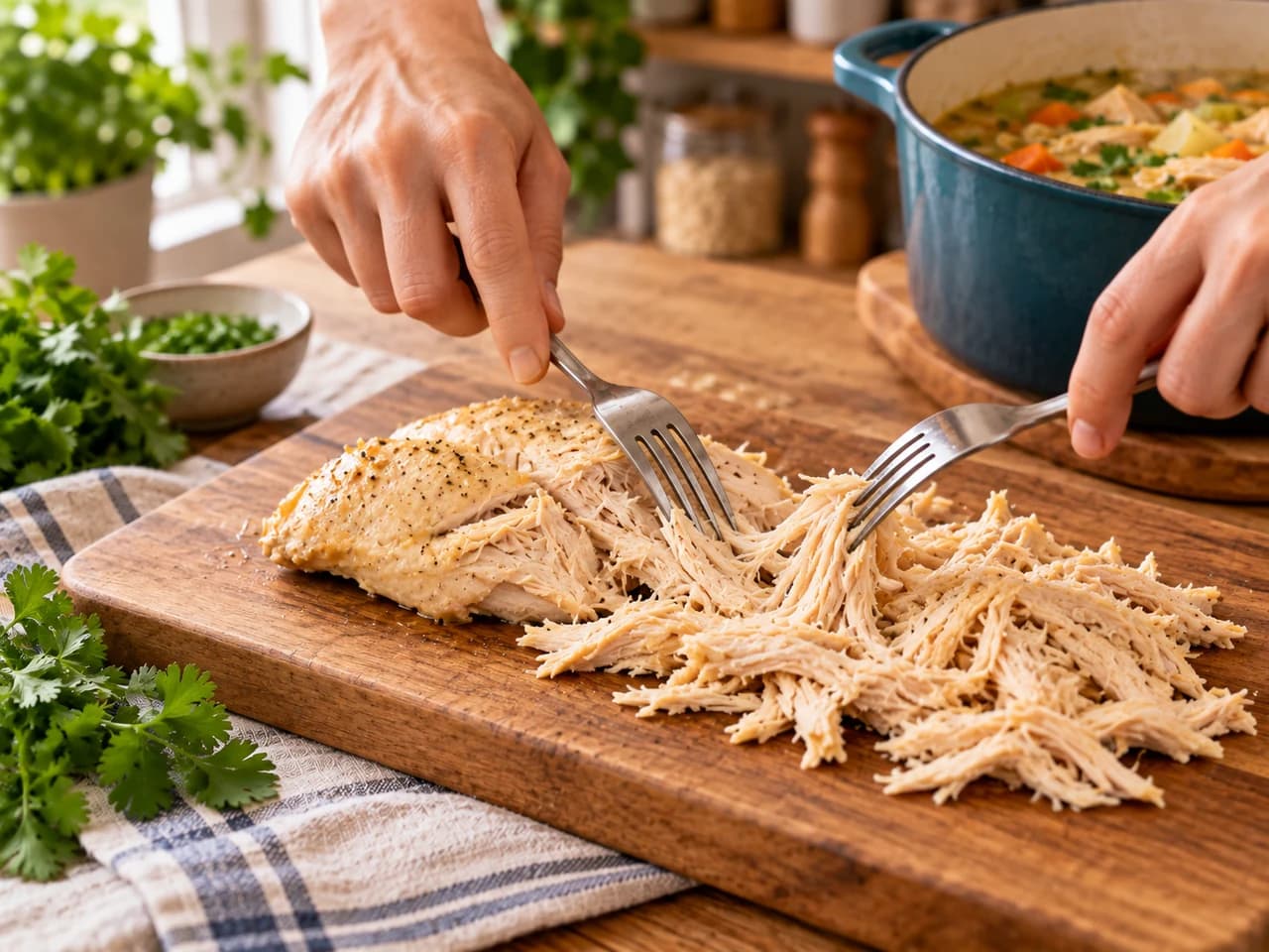 Pechuga de pollo cocida desmenuzada en hebras con dos tenedores sobre una tabla de madera, con la olla al fondo.