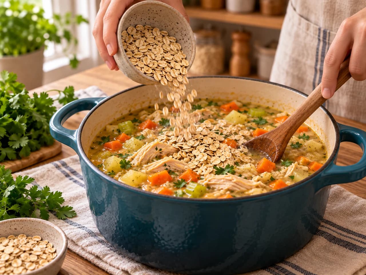 Mano vertiendo avena en hojuelas desde un cuenco a la olla de sopa con verduras, mientras una cuchara de madera remueve.
