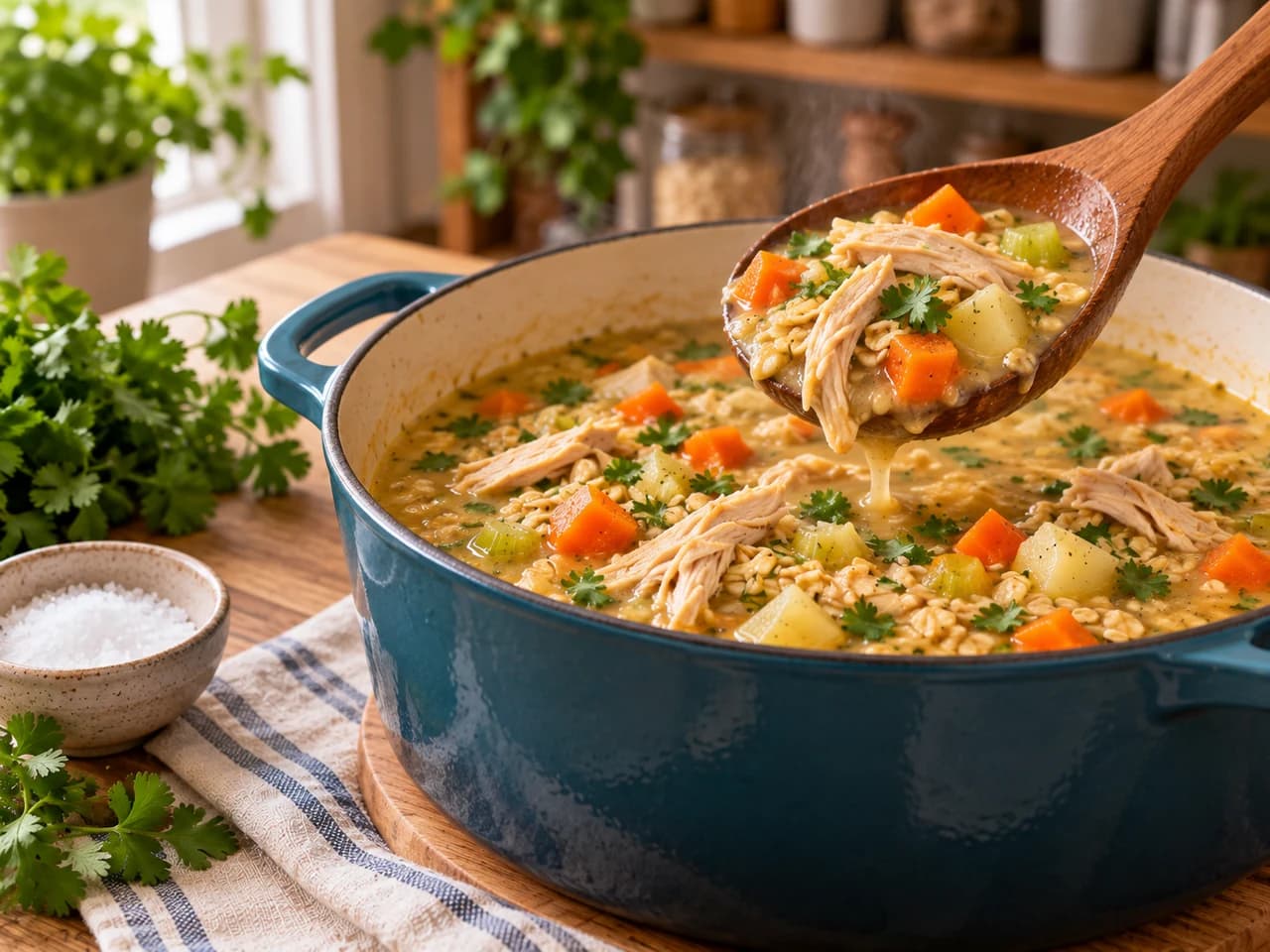 Cucharón de madera levantando sopa espesa con pollo desmenuzado y verduras sobre la olla, con un cuenco de sal al lado.